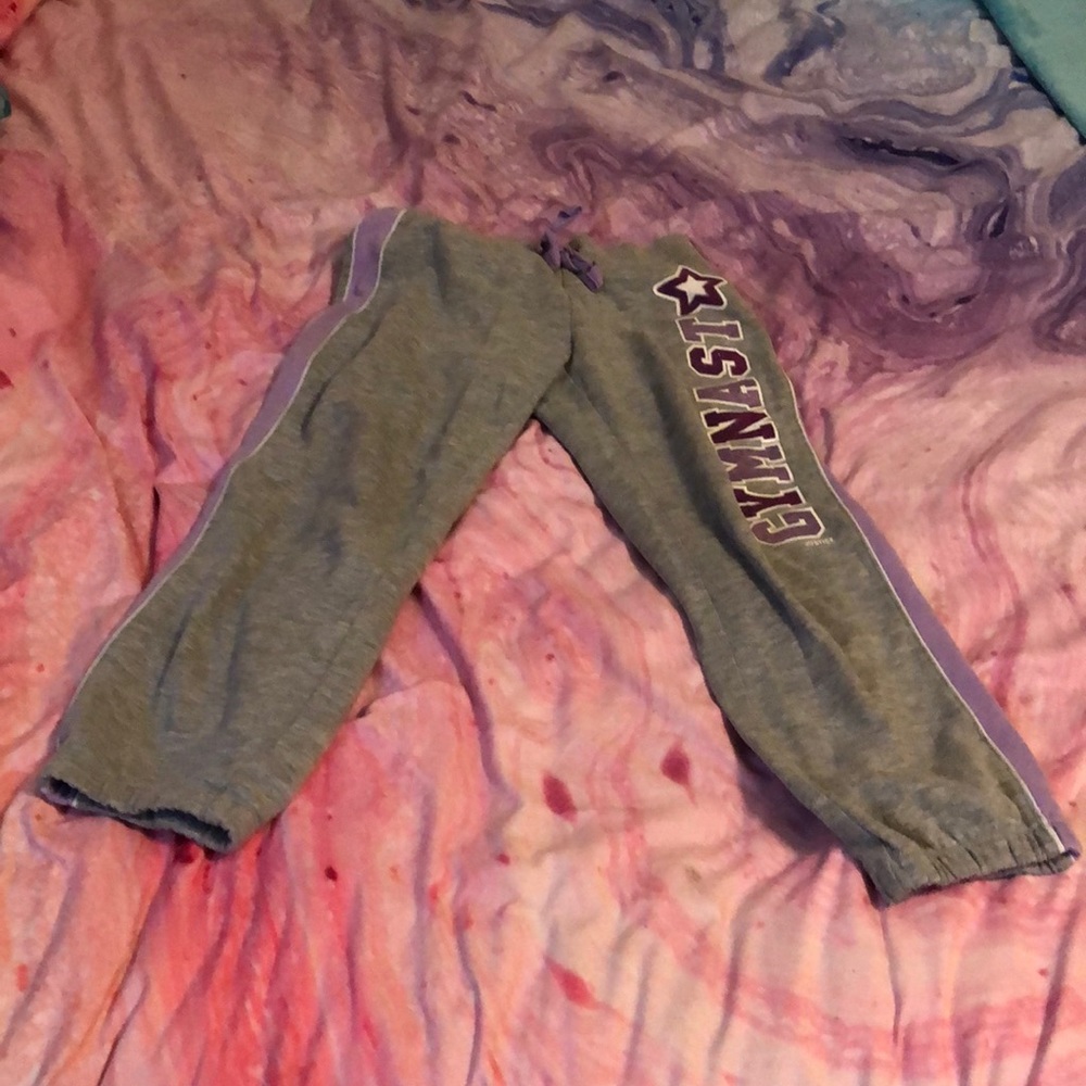 Gray and purple gymnastics sweat pants